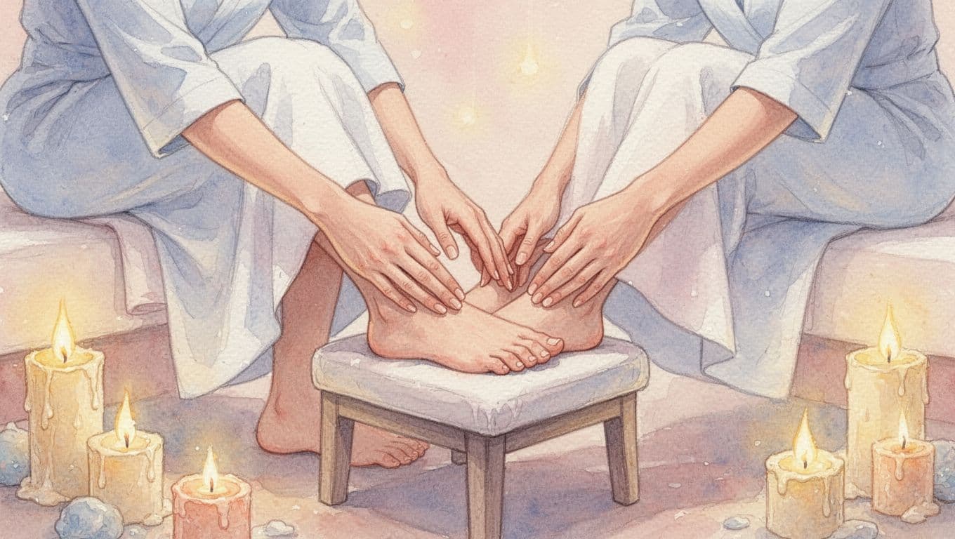 Watercolor painting of therapist massaging person's feet on stool in spa with candles.