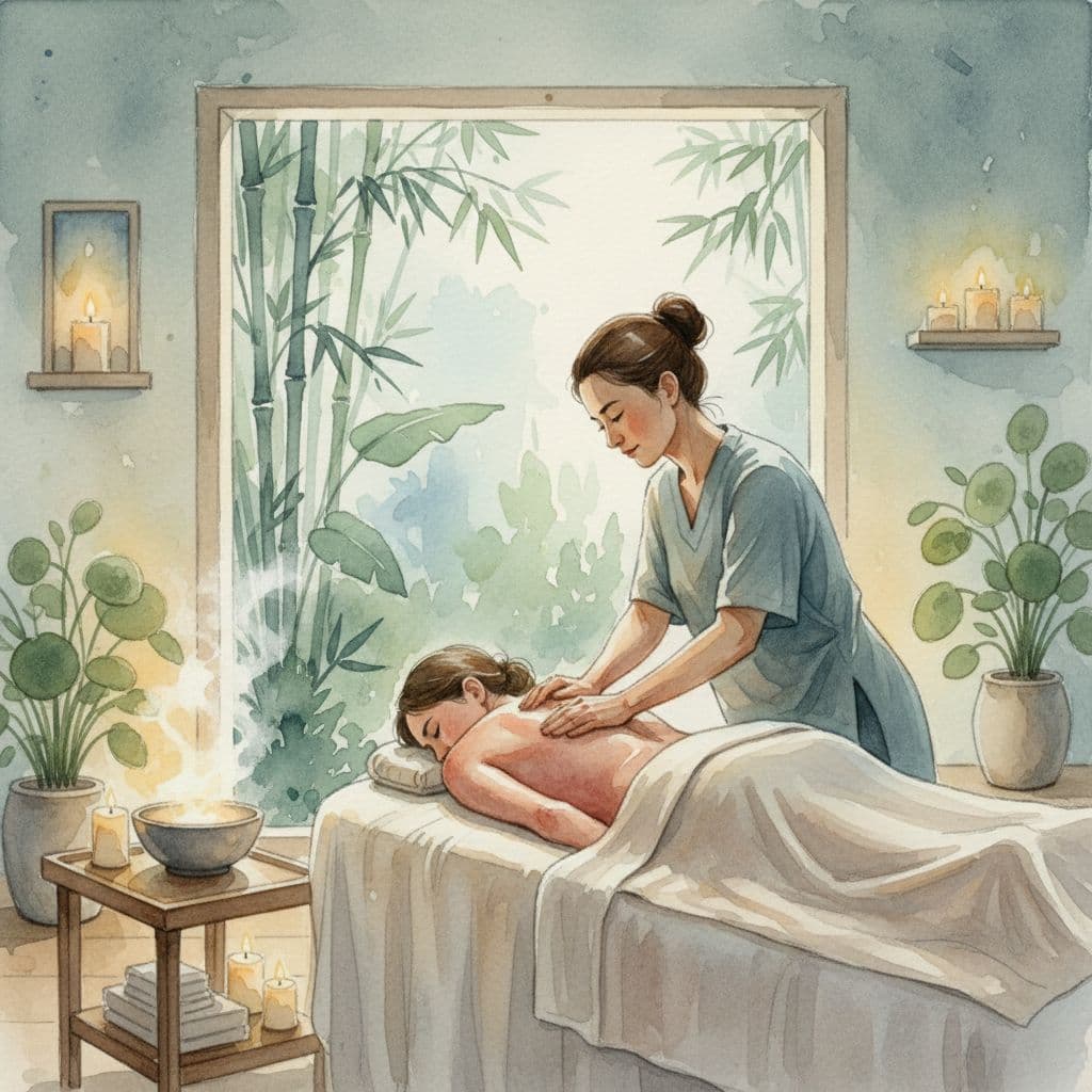 A massage therapist performs a deep tissue treatment on a client's back in a tranquil spa room.