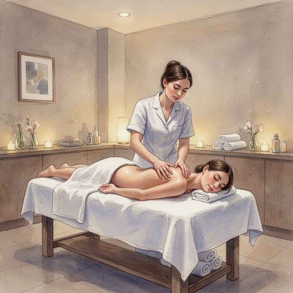 A massage therapist performs a deep tissue treatment on a client in a serene watercolor spa setting.
