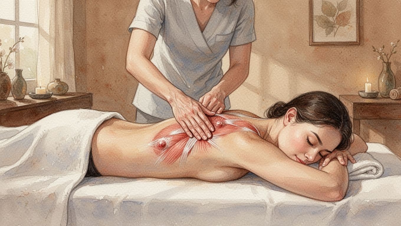 Therapist presses muscle knots in client's upper back as client lies face down on spa table.