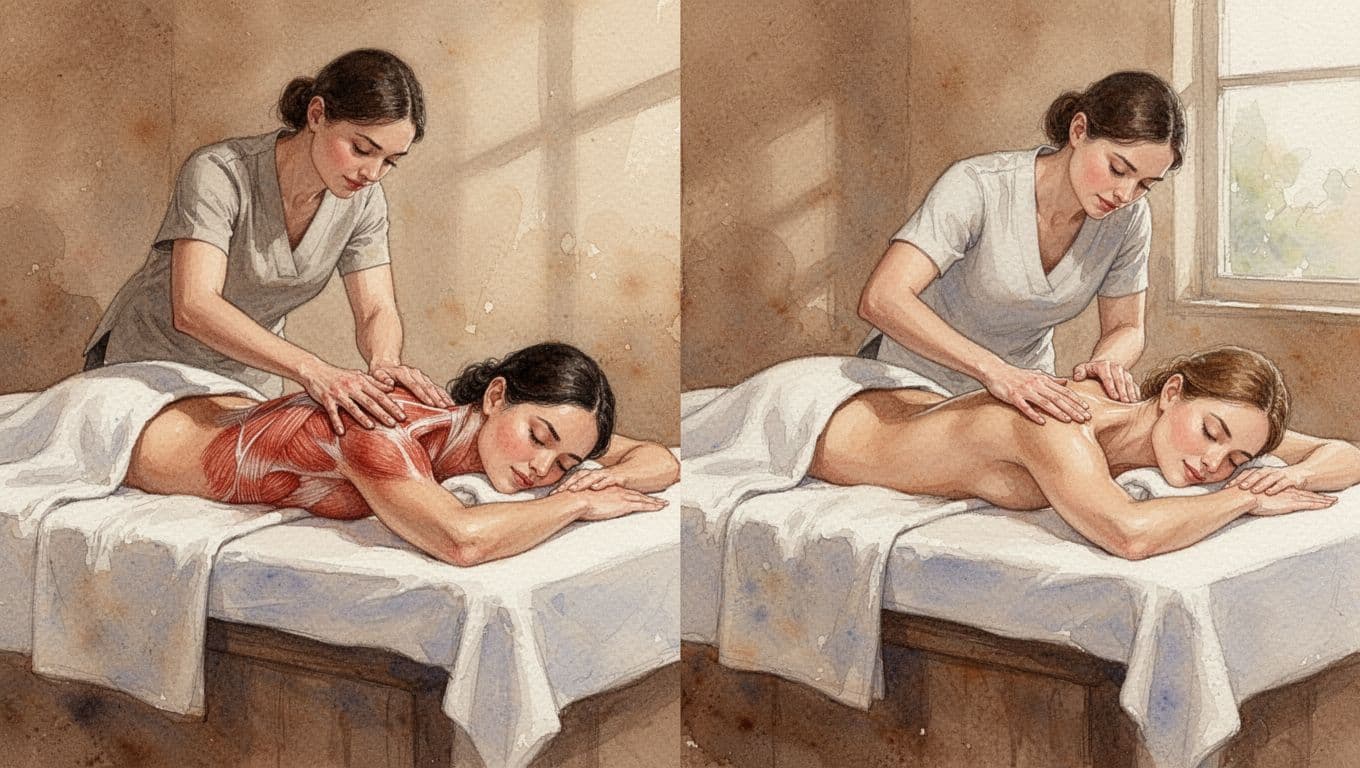 Two spa tables side by side: left shows deep tissue with firm back pressure, right lighter Swedish strokes, watercolor brush textures.