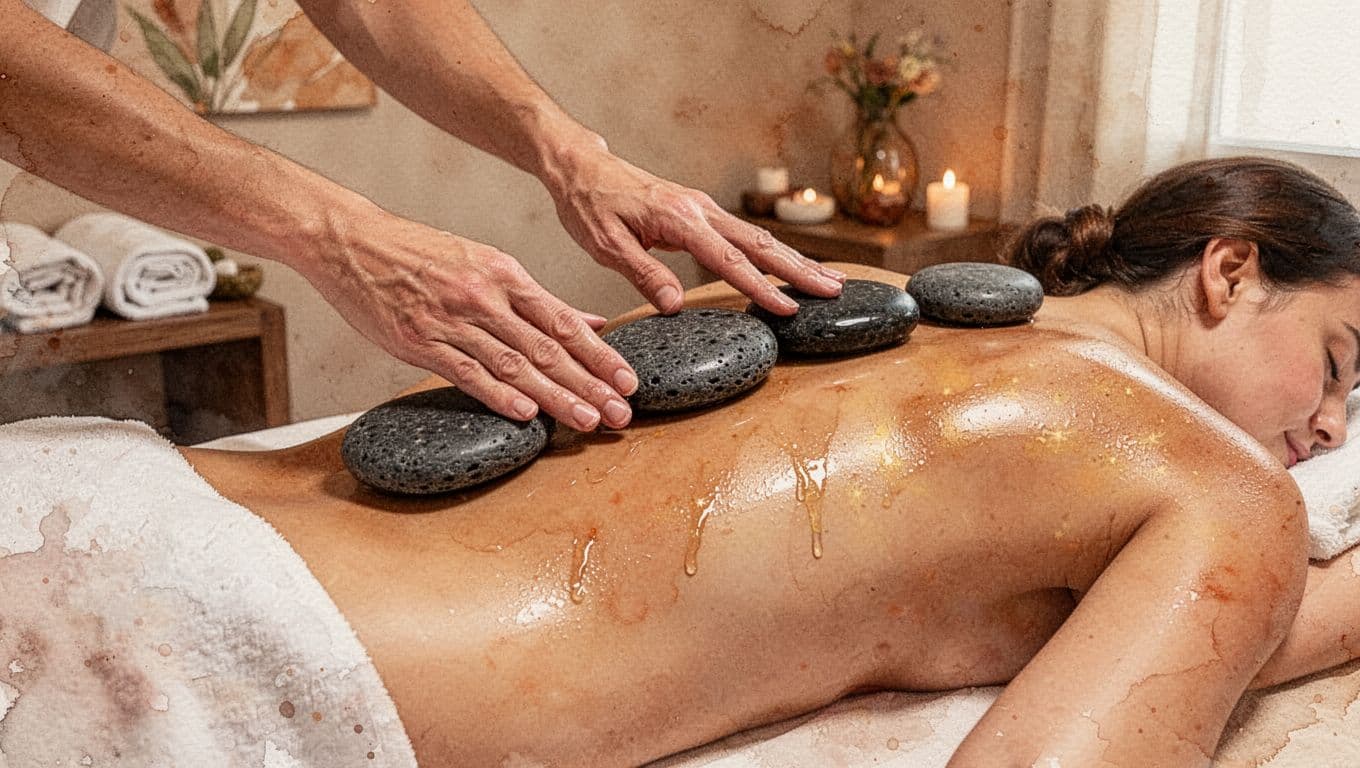 Therapist's hands place smooth basalt stones along client's oiled back in spa.