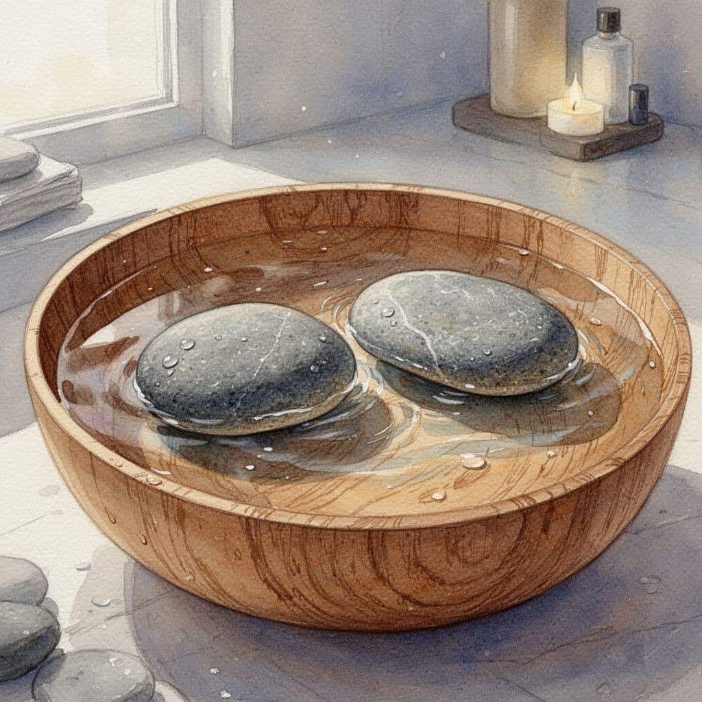 Two smooth river stones rest in a wooden bowl with water, in watercolor style with soft blending.