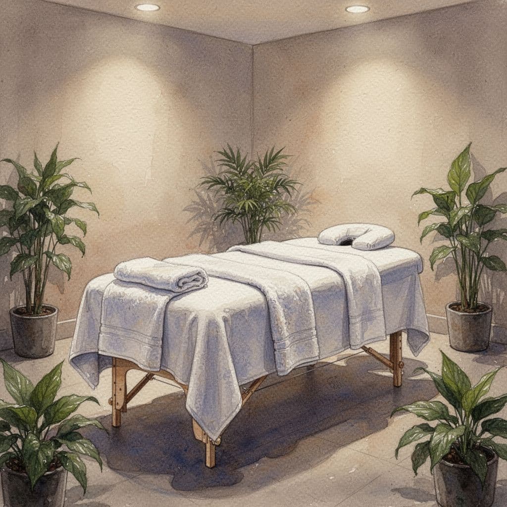 Watercolor view of massage spa room with table, towels, plants, and warm lighting.