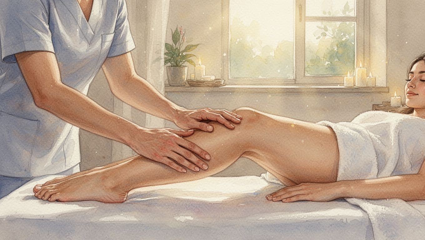 Massage therapist applies gentle lymphatic strokes to client's leg in spa setting.