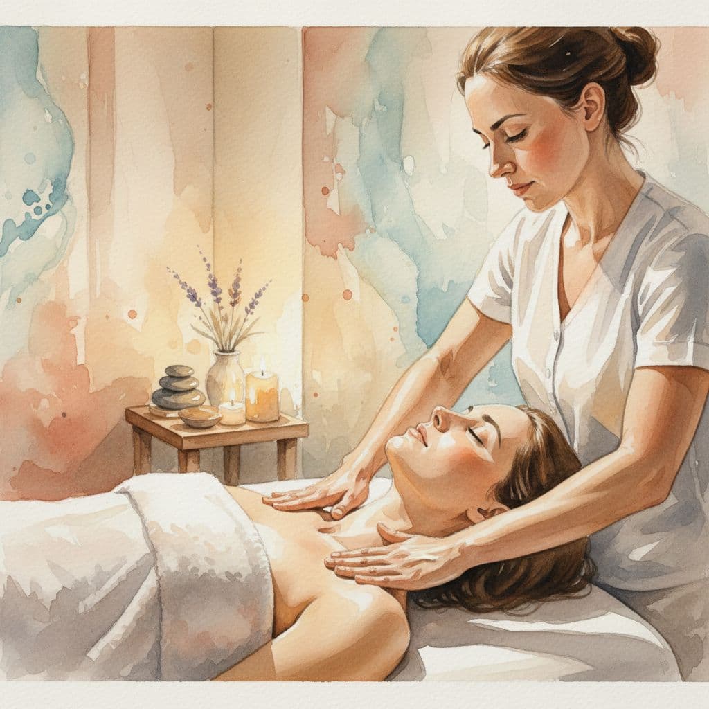 Watercolor painting of therapist applying gentle lymphatic drainage to client's neck and shoulders in dimly lit spa.