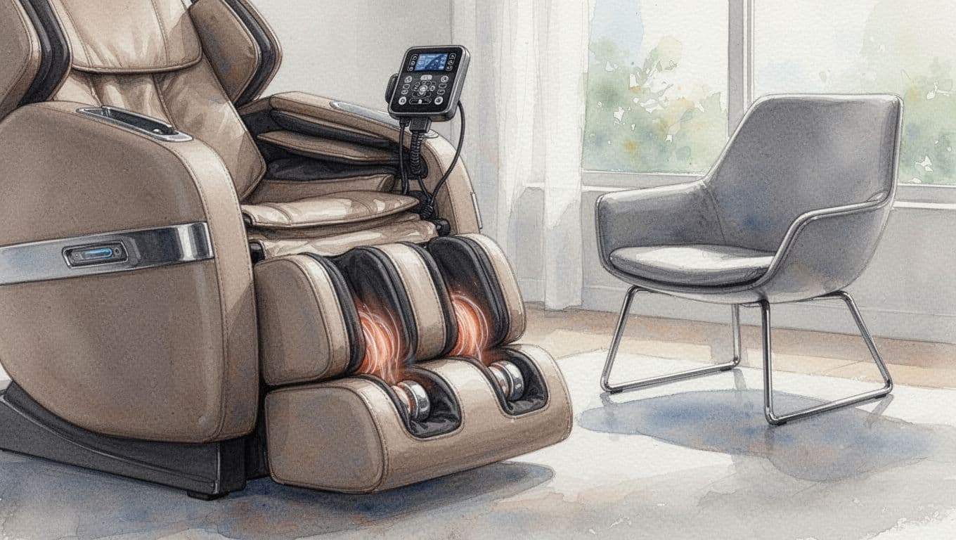 Close-up watercolor of massage chair control panel and foot massager rollers on calves next to living room chair.