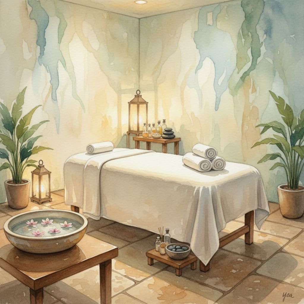 Spa room with soft lighting, folded white towels, and massage table in watercolor style.
