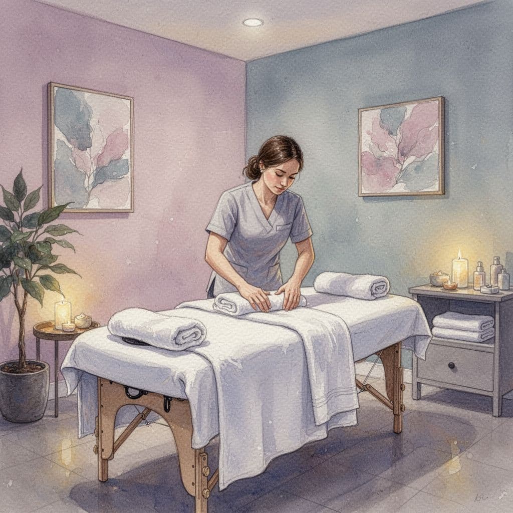 A professional massage therapist prepares a treatment table inside a tranquil, softly lit spa room.