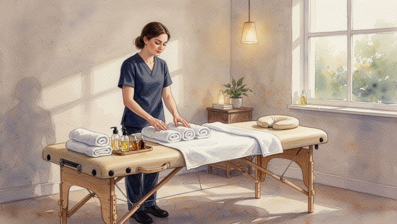 Professional massage therapist stands beside clean massage table in warmly lit room, watercolor style.