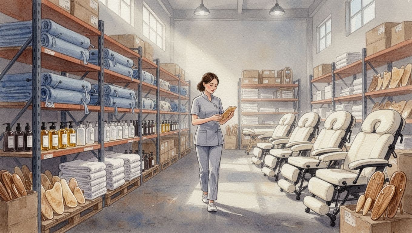 Female therapist examines product in aisle of spacious warehouse stocked with folded tables, oils, towels, gua sha tools, and chairs.