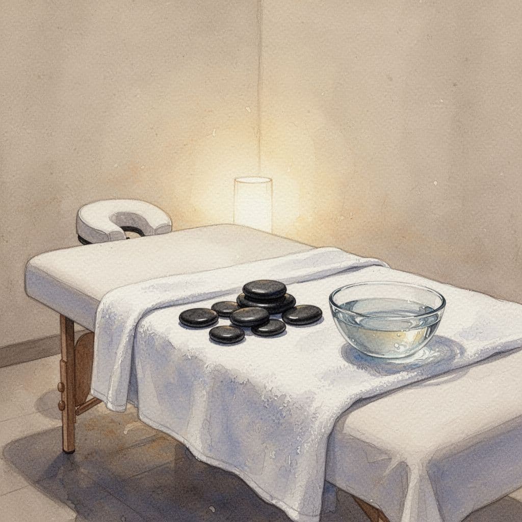 Dark smooth stones rest on a white towel beside a water bowl in a peaceful spa room.