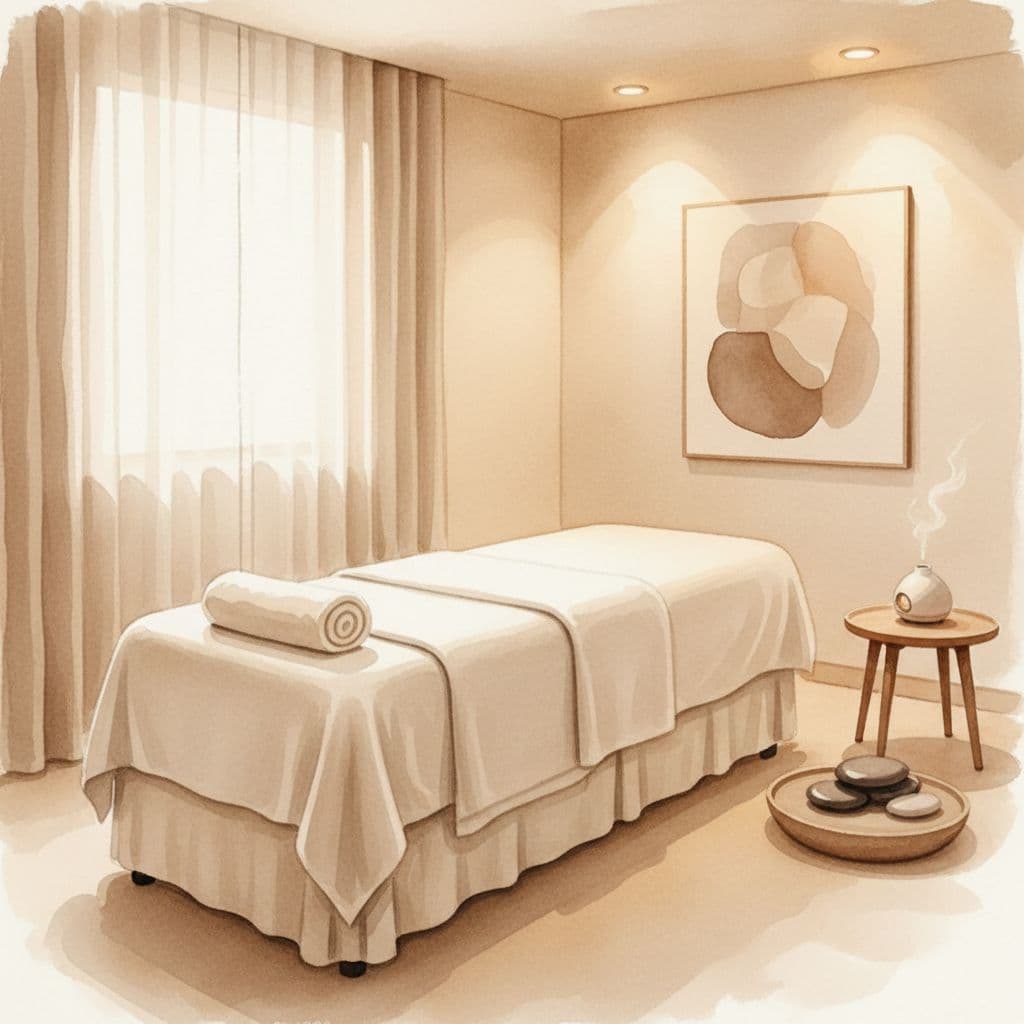 A plush massage table draped in crisp white linens sits centered in a serene room with warm beige walls. The watercolor style features soft brush textures and gentle, diffused ambient lighting.