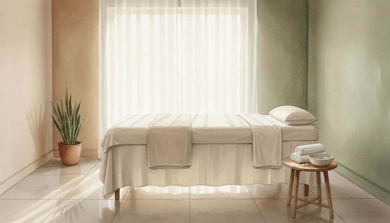 A serene, minimalist massage room in Kilimani, Nairobi. Soft, warm sunlight filters through sheer curtains onto a clean massage bed. A small wooden table with a white towel and a bowl of water sits nearby. Watercolor style, soft brush strokes, muted earthy tones, calm and peaceful atmosphere. No text.