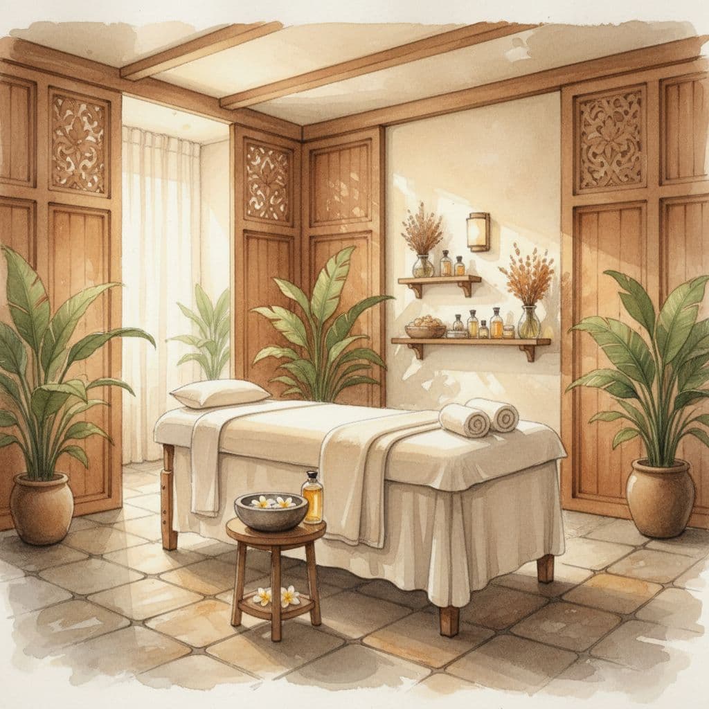 A tranquil massage therapy room features warm wooden walls, soft ambient golden lighting, and a neatly prepared cushioned massage table. The artwork displays a watercolor style with gentle, flowing brush textures.