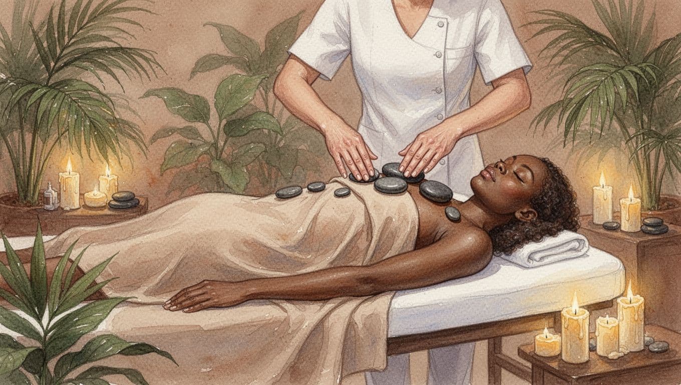 Draped client relaxes on massage table as therapist hands apply stones to shoulders in watercolor spa with plants and candlelight.