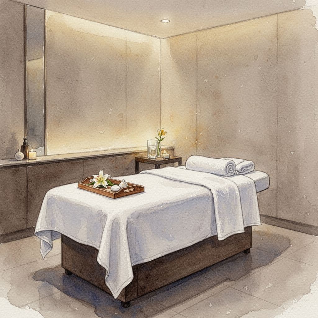 Clean minimalist massage room with towel-draped table, side tray holding flower and water glass, soft watercolor style.