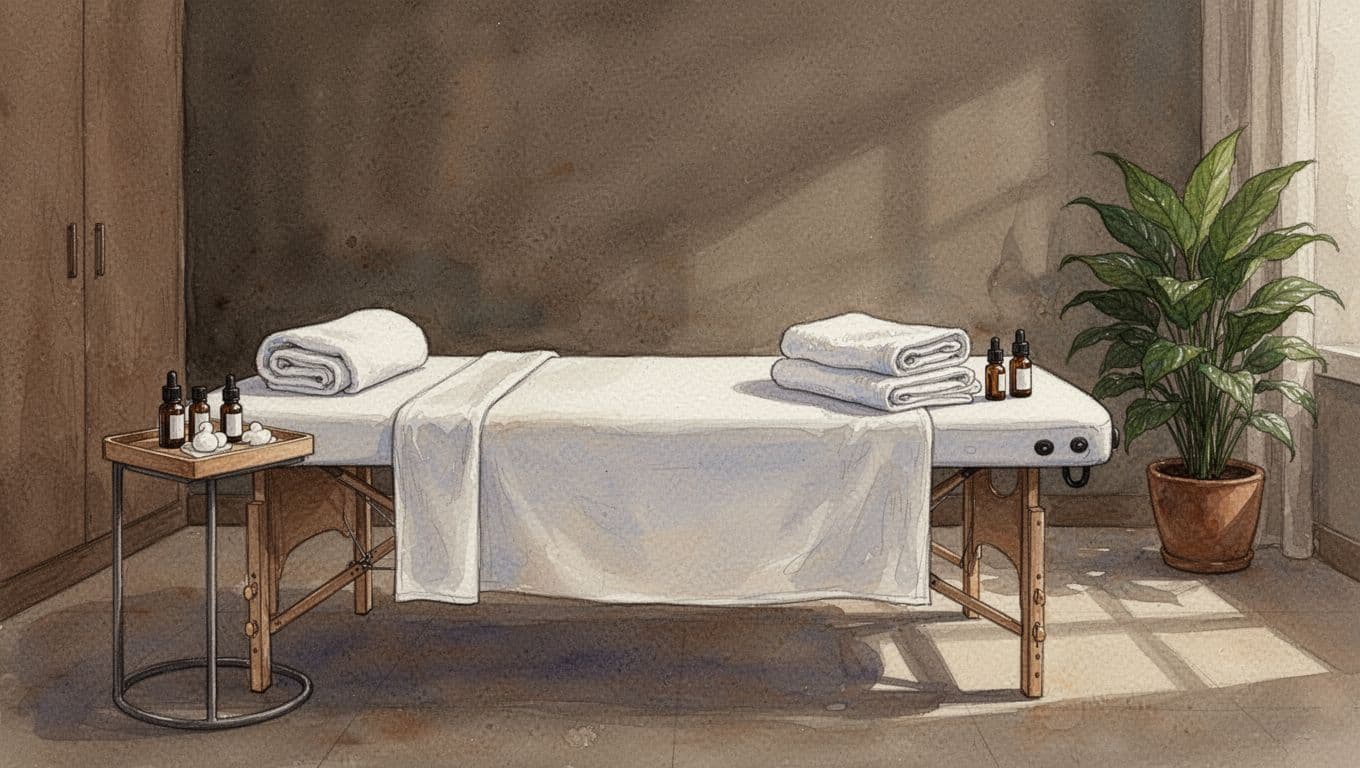 Watercolor spa interior in Nairobi features centered empty massage table with folded towels, oil bottles, and potted plants in dim light.