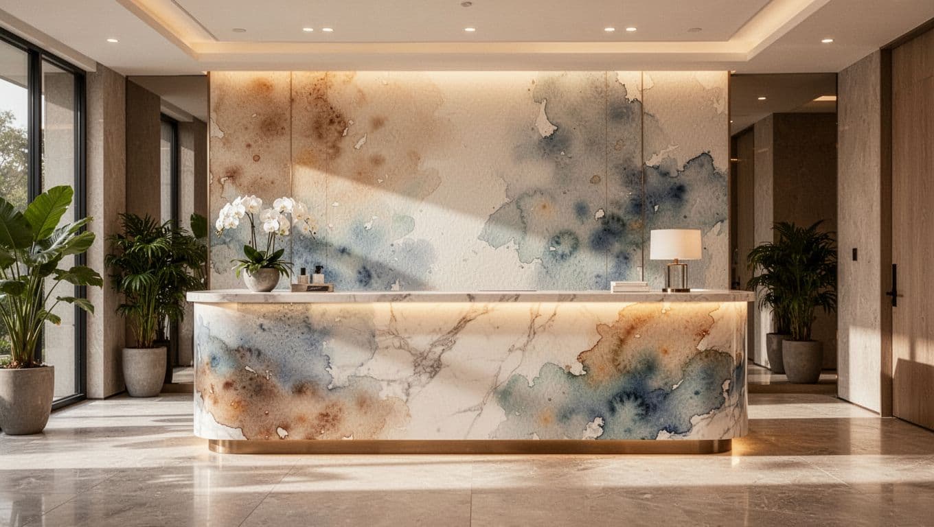A soft watercolor illustration depicts a serene reception desk with warm amber lighting and muted earth tones. Wispy brush strokes define the inviting space, creating a peaceful atmosphere for arriving guests.