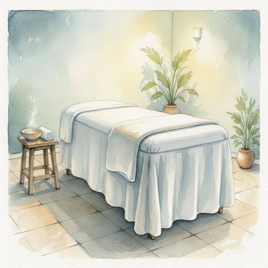 A watercolor painting of a serene massage room featuring a clean table and essential oils.