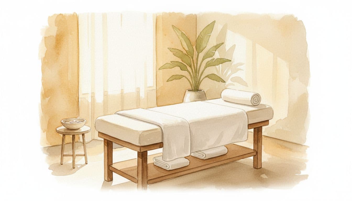 A clean massage table draped with soft white towels sits centered in a serene room. Warm golden light fills the watercolor-style space, highlighting gentle brushstrokes and a soothing, tranquil atmosphere.