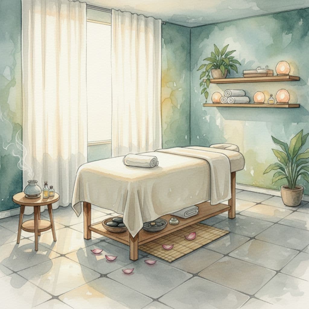 A tranquil spa massage room rendered in soft, blended watercolor textures.