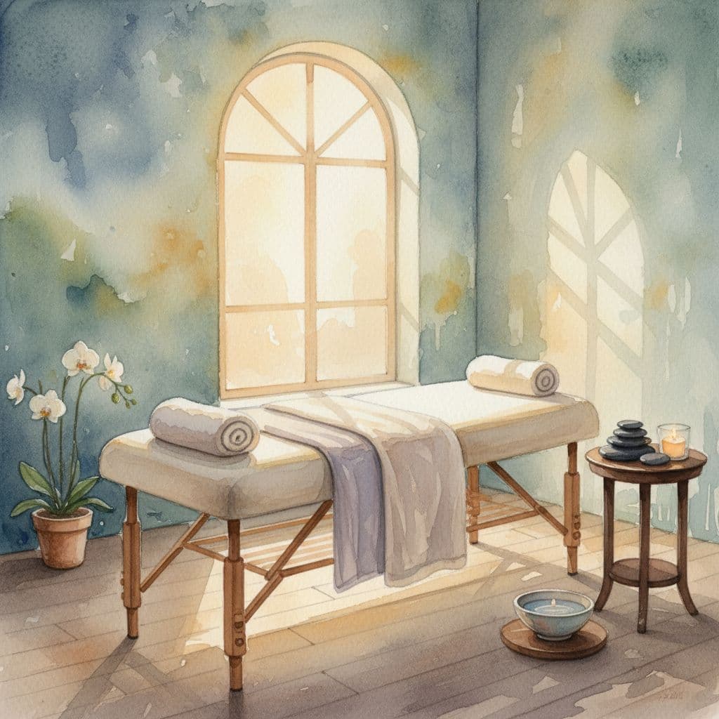 A tranquil massage room features a wooden table and smooth stones in a soft watercolor style.