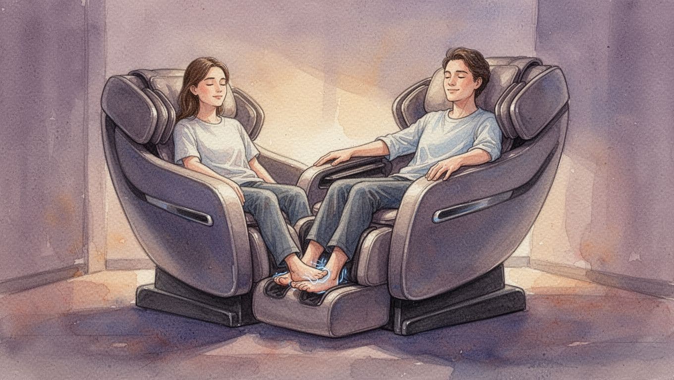 A person rests comfortably in a modern chair while receiving a soothing foot massage in a dim room.