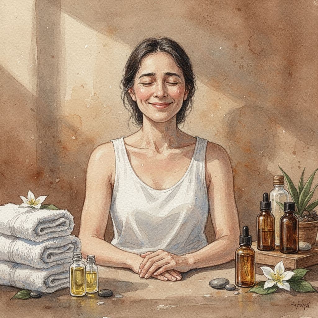 Person sits relaxed in spa with towels and oils nearby, face showing relief, watercolor style.