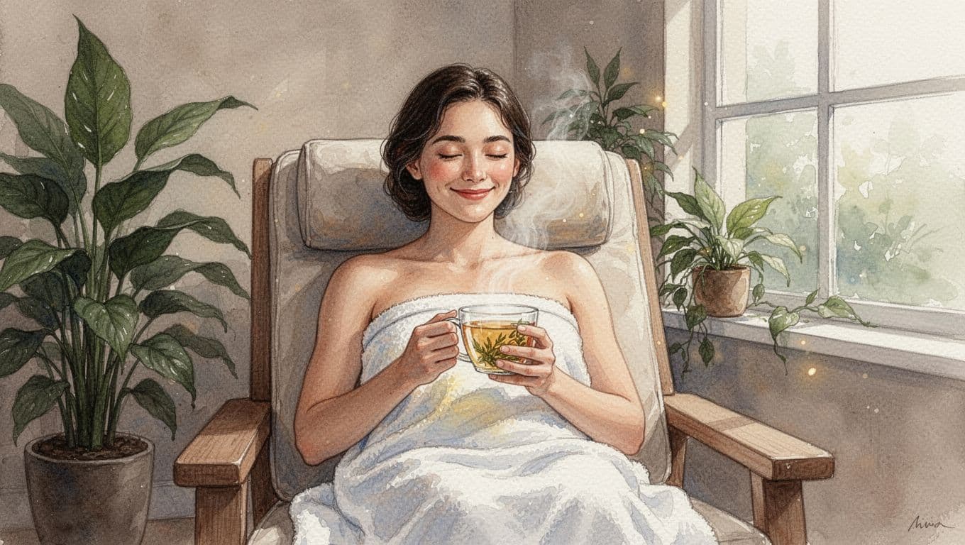 Relaxed person sits in cozy spa chair wrapped in white towel, holding herbal tea, soft light through plant window.