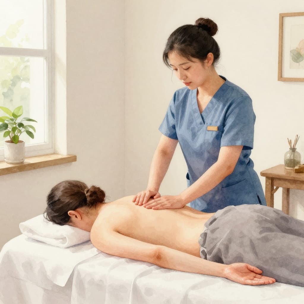 A massage therapist gently works on a client in a serene watercolor-style spa room.
