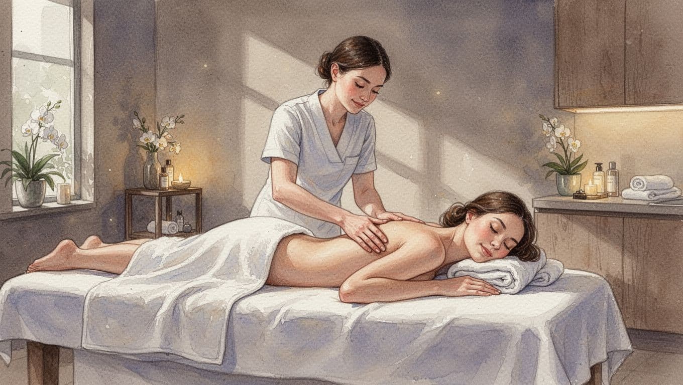 A watercolor painting depicts a massage therapist performing a relaxing treatment in a warm, dimly lit spa.