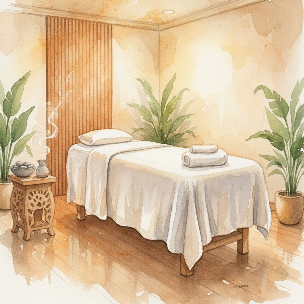 A tranquil massage room features a plush table against a backdrop of soft wooden interior details.