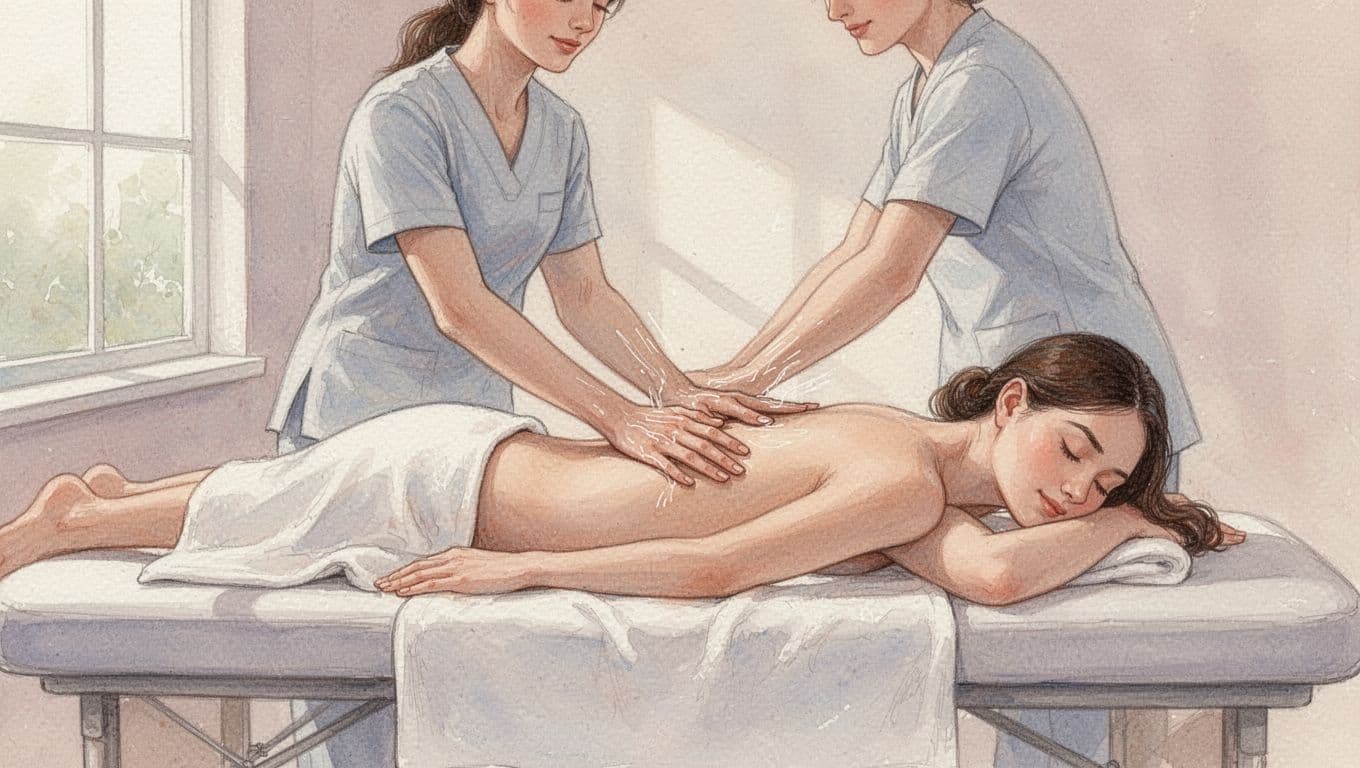 Massage therapist works on client on table with soft watercolor blending and brush texture.
