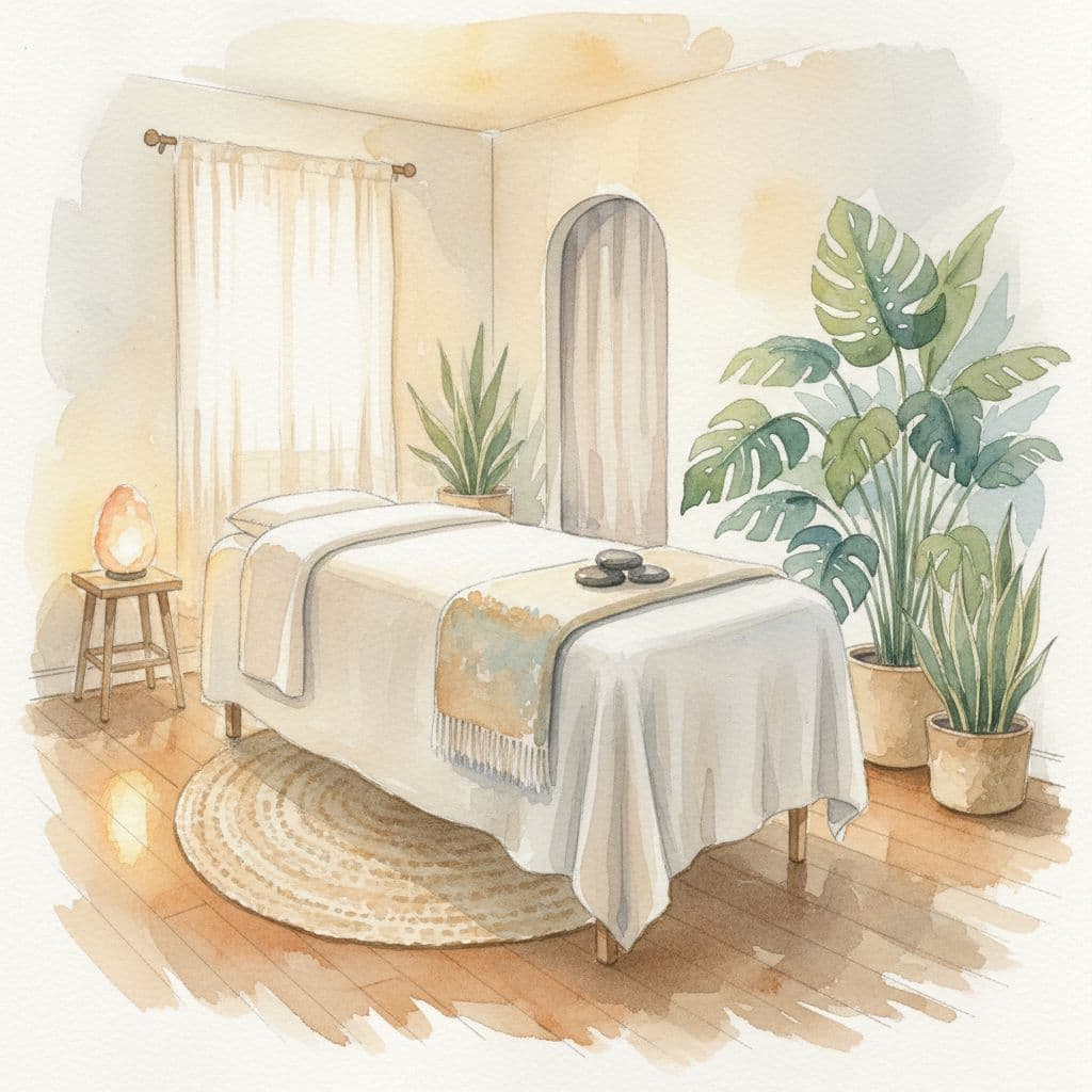 A tranquil watercolor painting features a clean massage table in a warm, softly lit room with plants.