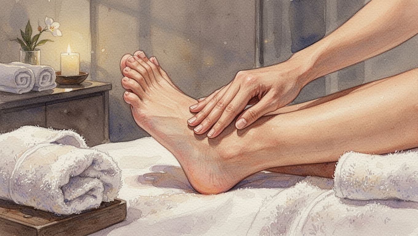 A watercolor painting depicts a soothing foot massage treatment inside a tranquil, warm-toned spa setting.