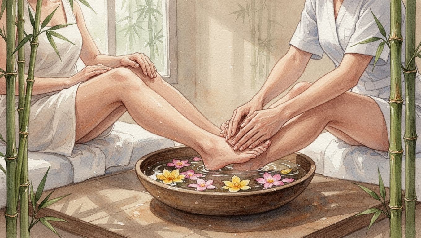 Therapist gently massages client's foot in spa with bamboo, petal-filled basin, and soft lighting.