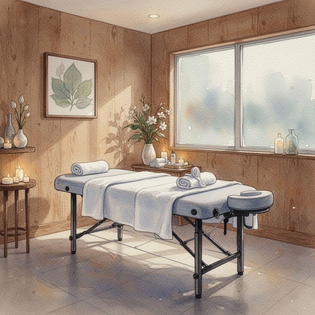 A professional massage table sits in a softly lit room rendered in a gentle watercolor style.