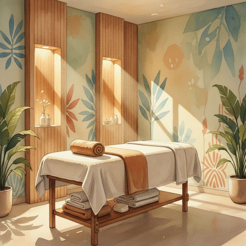 A minimalist massage table sits centered beneath glowing wall lights in a clean Nairobi studio. Softly folded white towels rest atop the table while warm ambient tones fill the artistic watercolor scene.