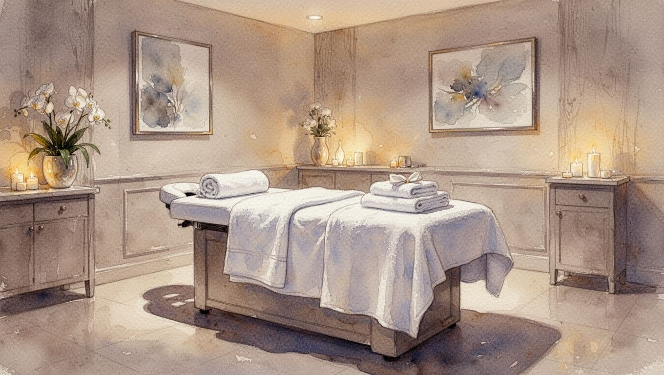 Peaceful spa room in watercolor style with massage table, soft towels, and warm ambient lighting.