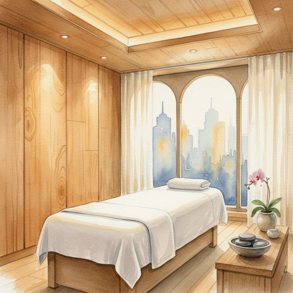 A plush massage table with folded white linens sits in a sunlit room featuring warm wooden walls. Soft, ambient glow creates a tranquil atmosphere for wellness within this busy cityscape.