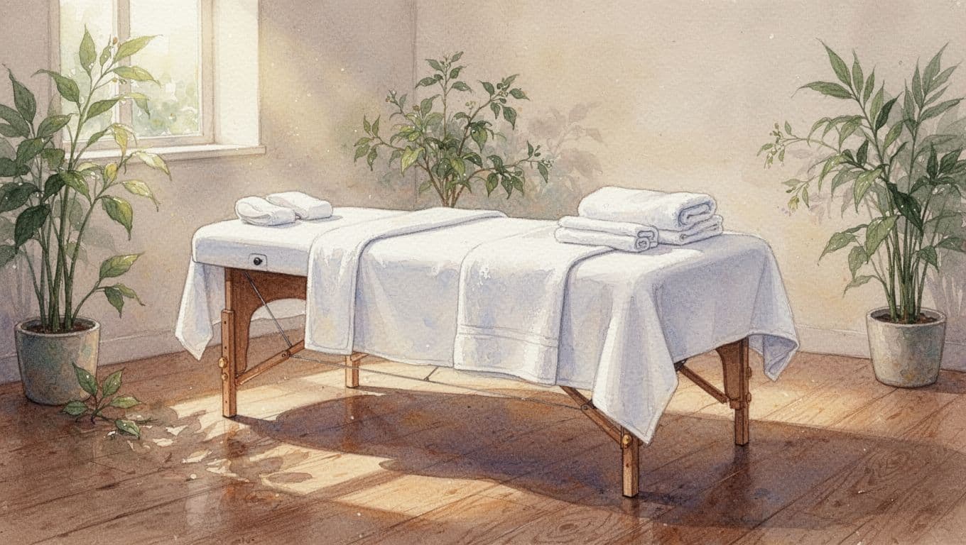 A tranquil watercolor painting of a spa room featuring a massage table and greenery under soft lighting.