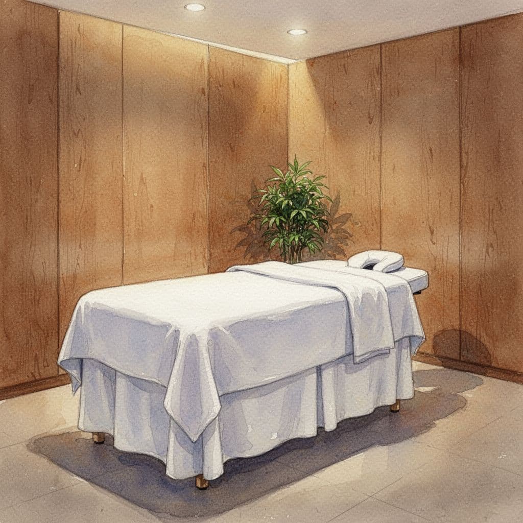 Clean spa room with massage table, linens, wooden decor, plant, in watercolor style.