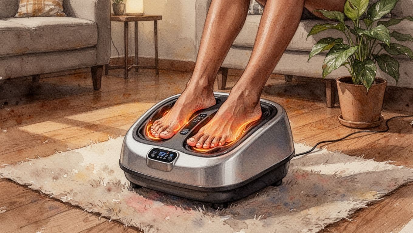 Close-up of bare feet in electric shiatsu foot massager with rotating nodes and heat glow on soft rug in living room, watercolor style.