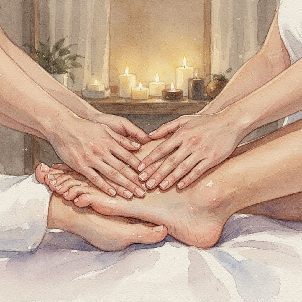 Close-up of a foot receiving gentle massage in a spa under soft warm lighting with watercolor blending and brush texture.