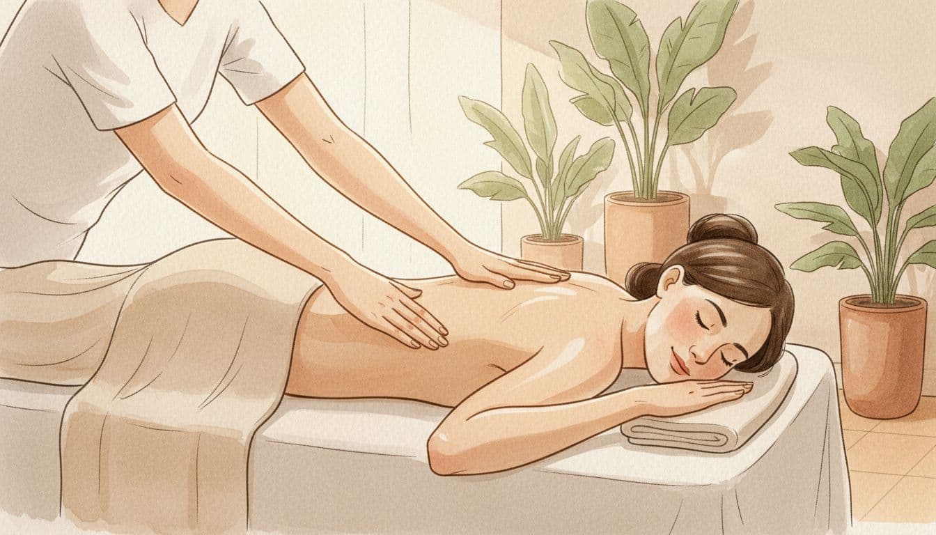 Therapist applies long strokes to client's back on massage table in tranquil spa with plants.