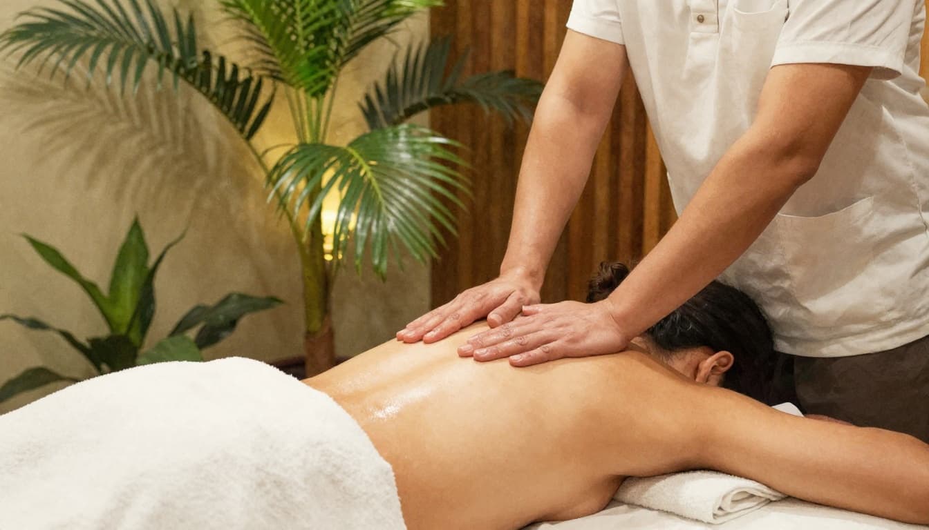 Therapist applies gentle Swedish massage to client's back on table in cozy Nairobi spa with tropical plants.