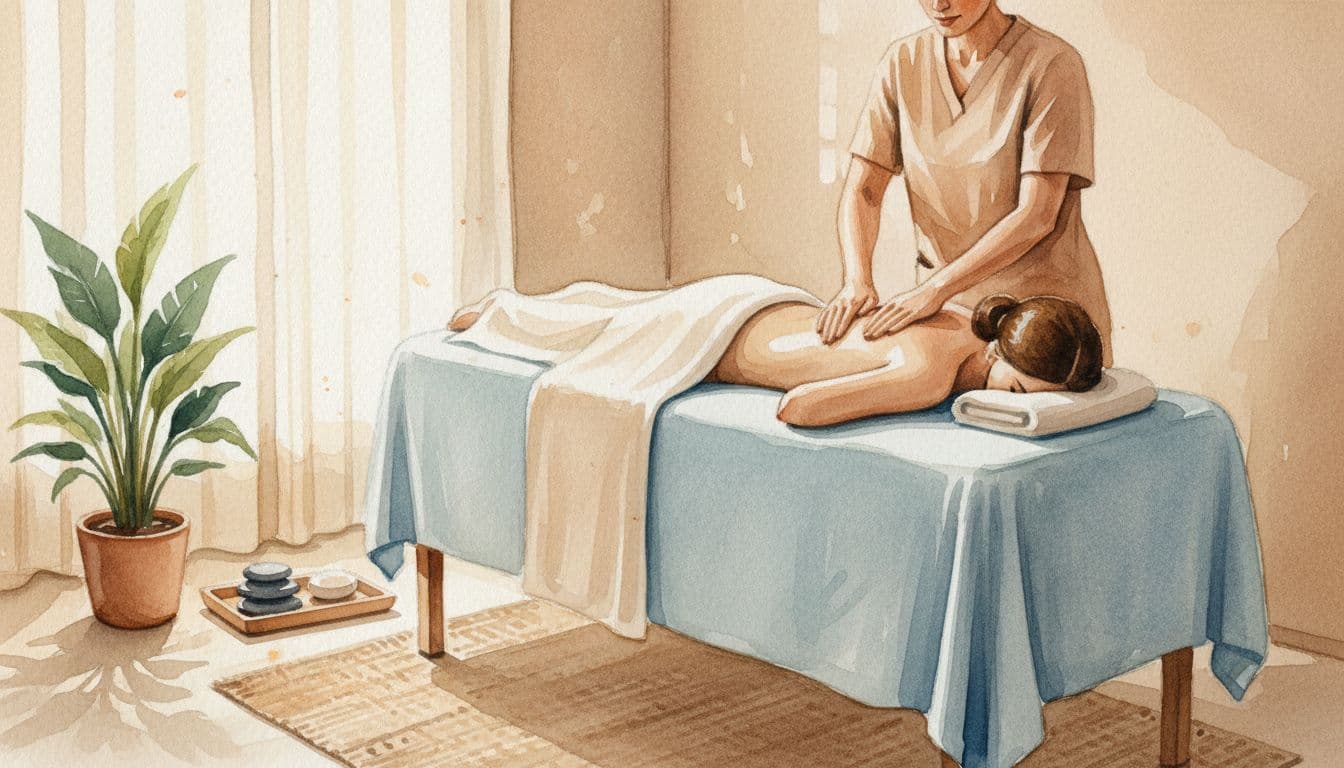 Therapist glides hands over client's back on table in calm Nairobi spa with soft light through curtains.