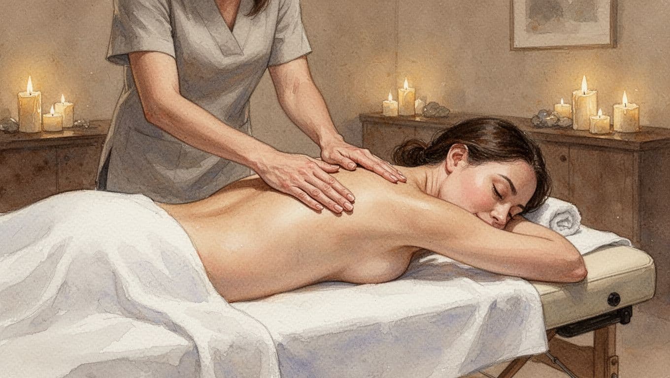 Therapist massages client's back on table in candlelit spa room, watercolor style with soft brush textures.