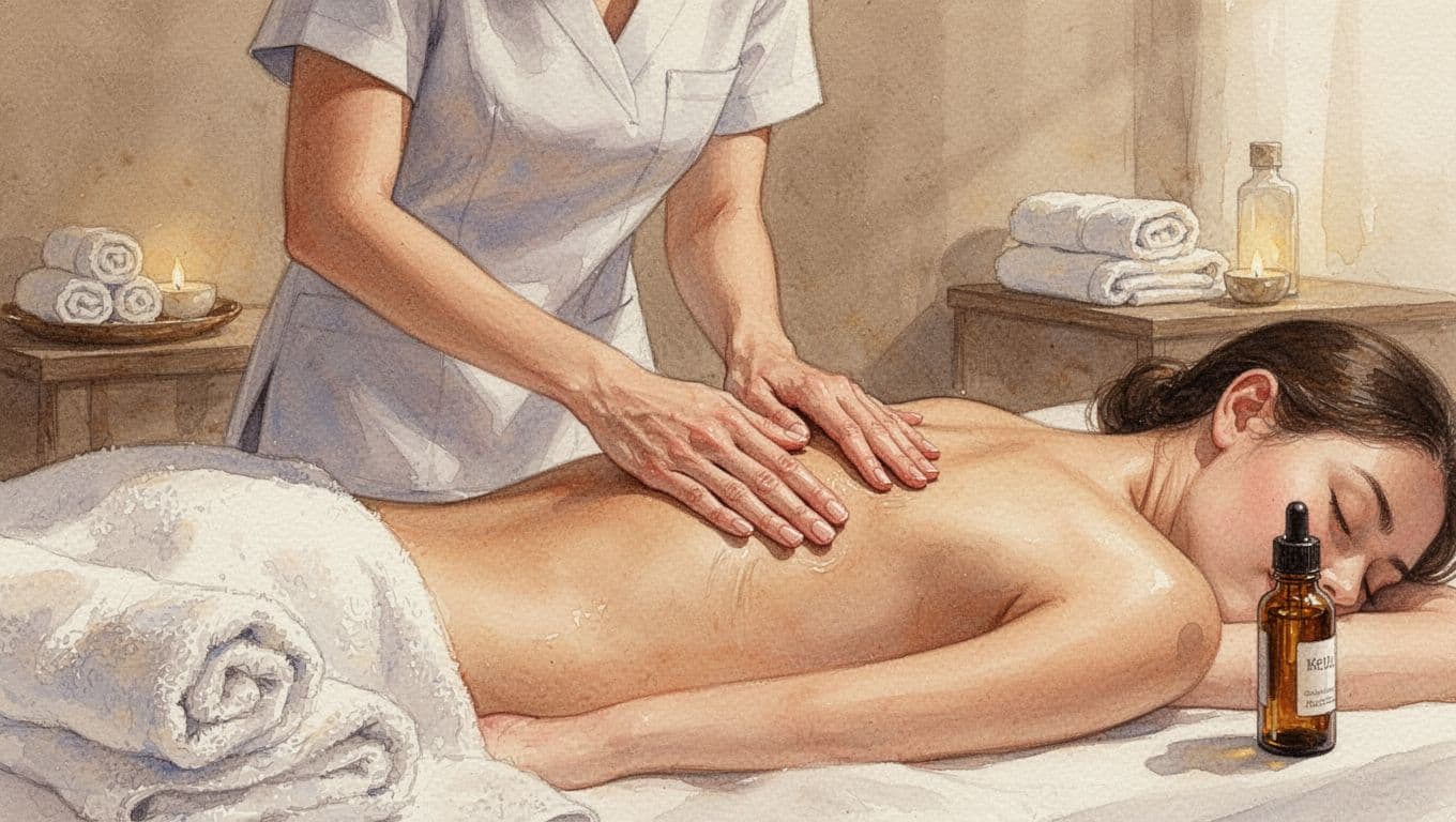 Female therapist applies Swedish massage to client's back in spa room with towels and oils.